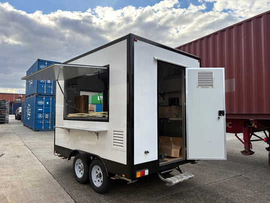 3m food trailer with open serving hatch, external counter and rear entry door