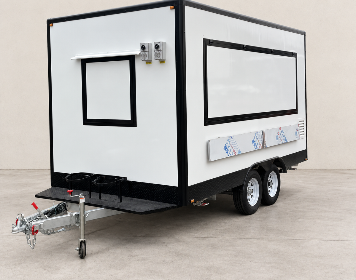 Digitally retouched supplied reference photograph of a white food trailer with black trim and closed shutters; exact model configuration to confirm.