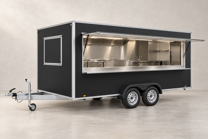 AI concept visual of a larger charcoal food trailer on a warm neutral background; not an exact product photograph.